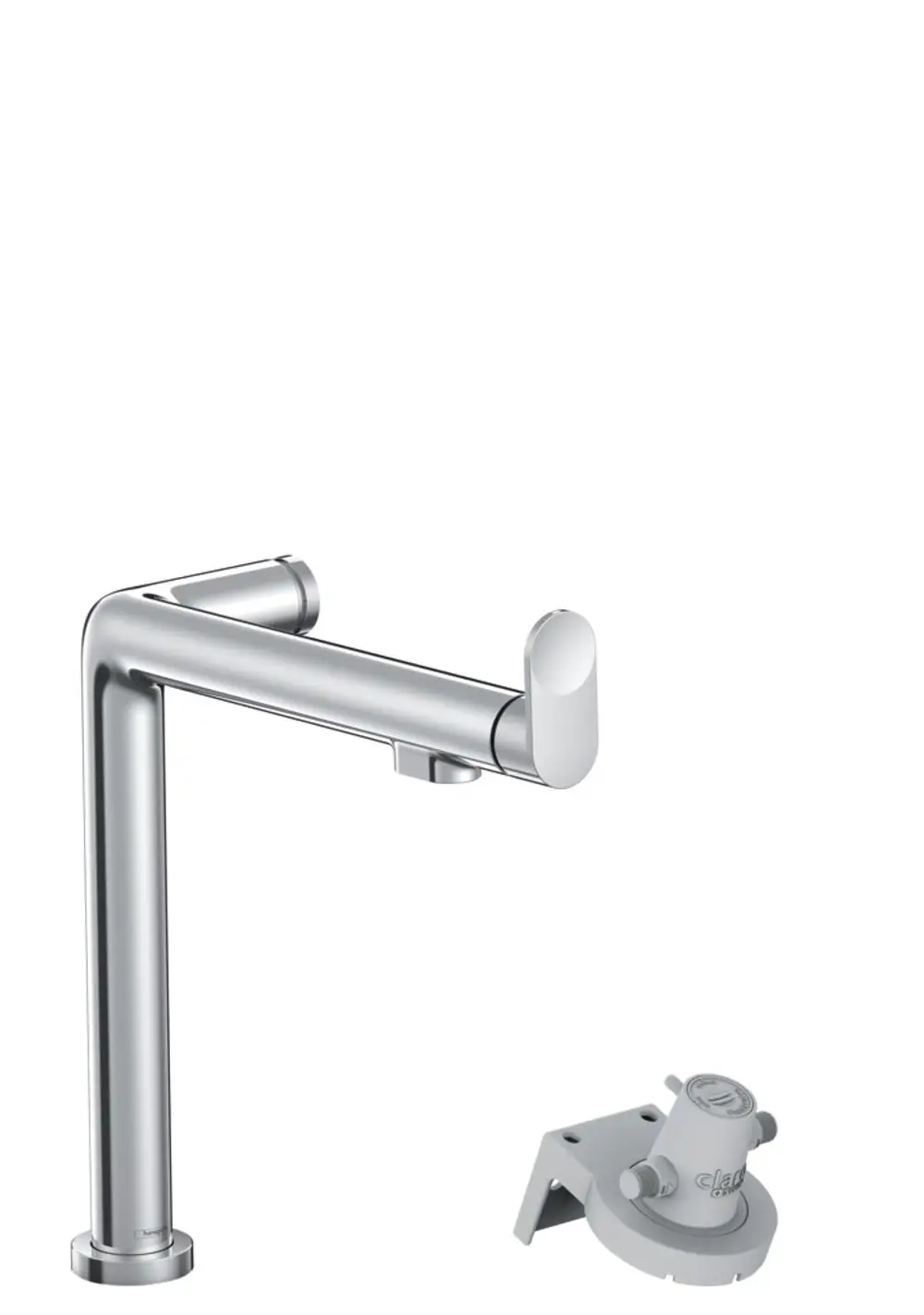 Chromfarbener Wasserhahn von Hansgrohe mit einem geraden Auslauf und einem Hebel. Unterhalb befindet sich ein graues Filterelement für die Montage.